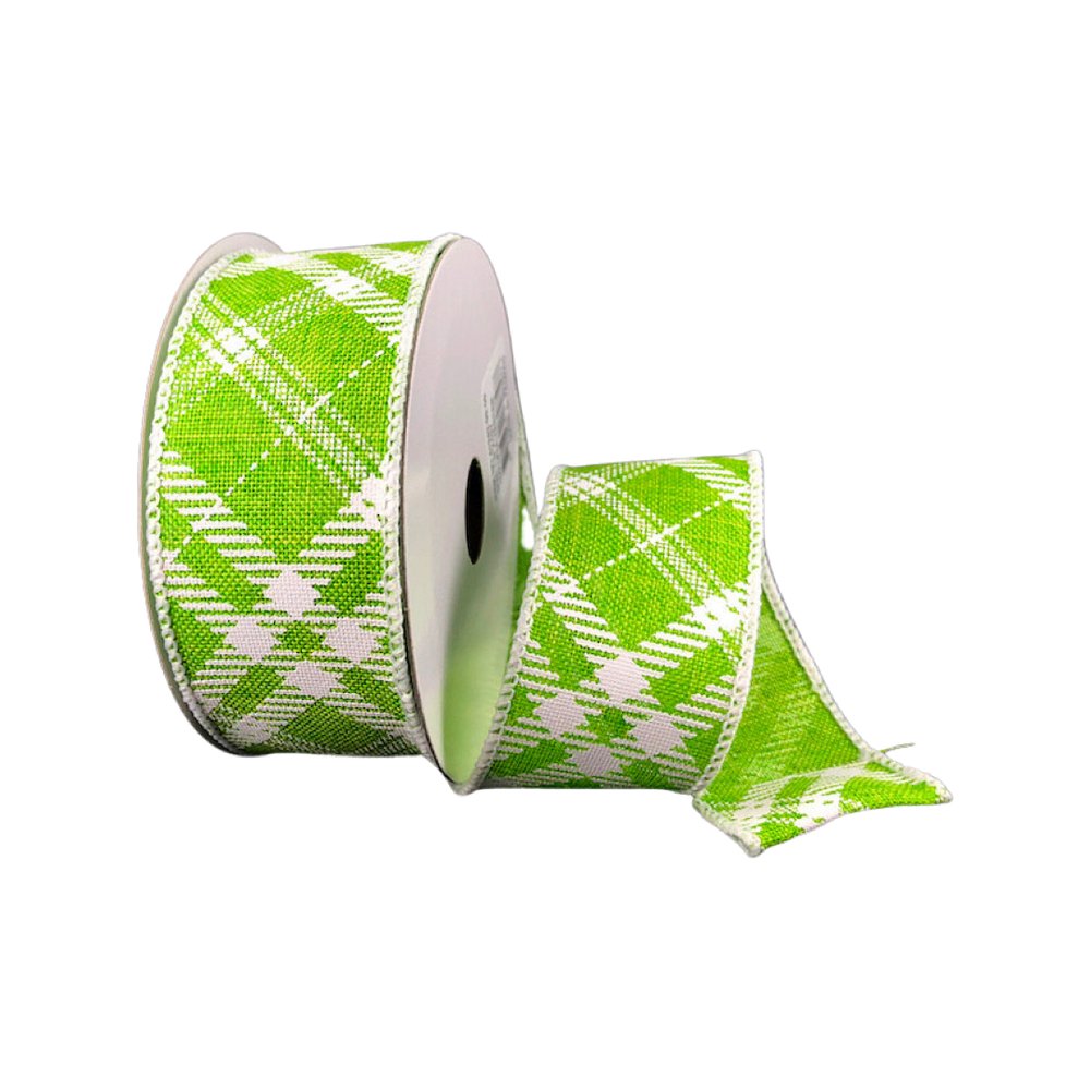 1.5" Diagonal Plaid Ribbon: Lime/White - 10yds - 41342-09-09 - The Wreath Shop