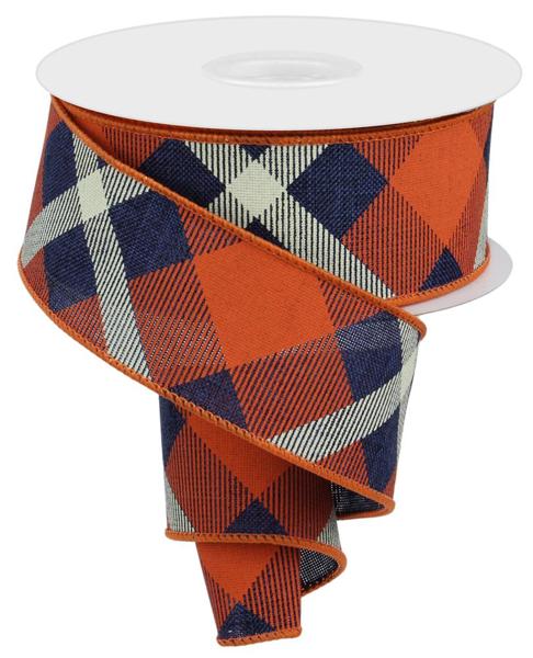 1.5" Diagonal Plaid Ribbon: Navy Blue/Orange/Cream - 10yds - RG01682H7 - The Wreath Shop