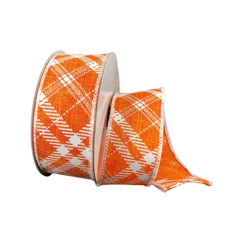 1.5" Diagonal Plaid Ribbon: Orange/White - 10yds - 41342-09-46 - The Wreath Shop