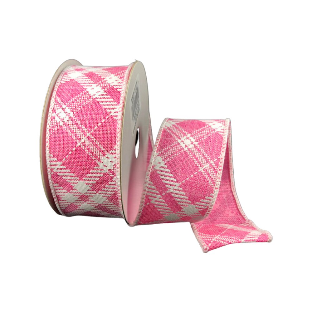 1.5" Diagonal Plaid Ribbon: Pink/White - 10yds - 41342-09-03 - The Wreath Shop