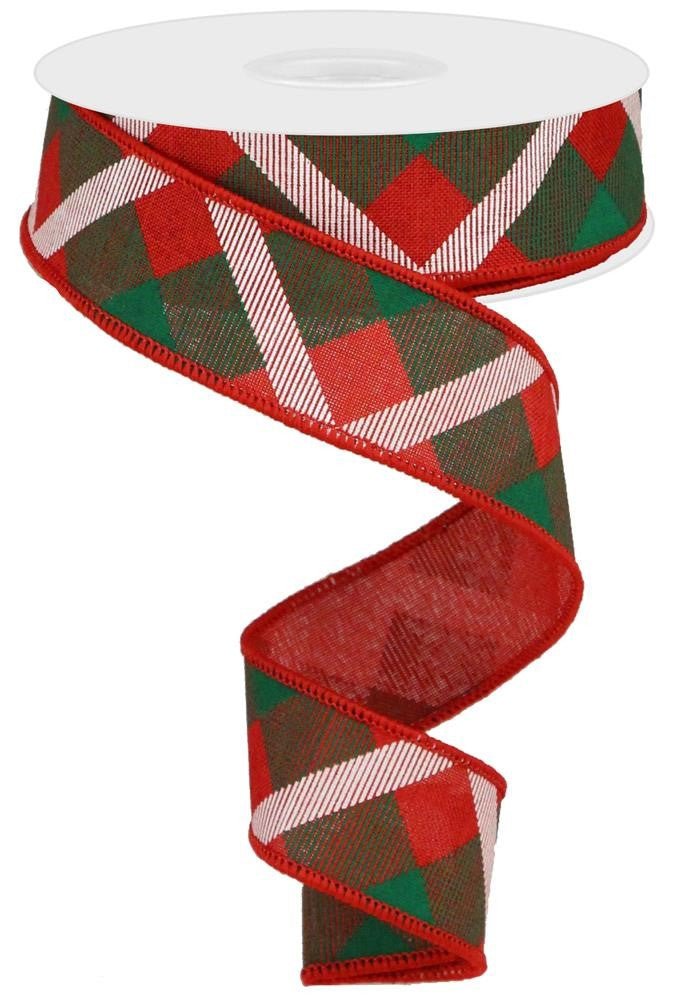 1.5" Diagonal Plaid Ribbon: Red/Emerald/White- 10yds - RG0168274 - The Wreath Shop