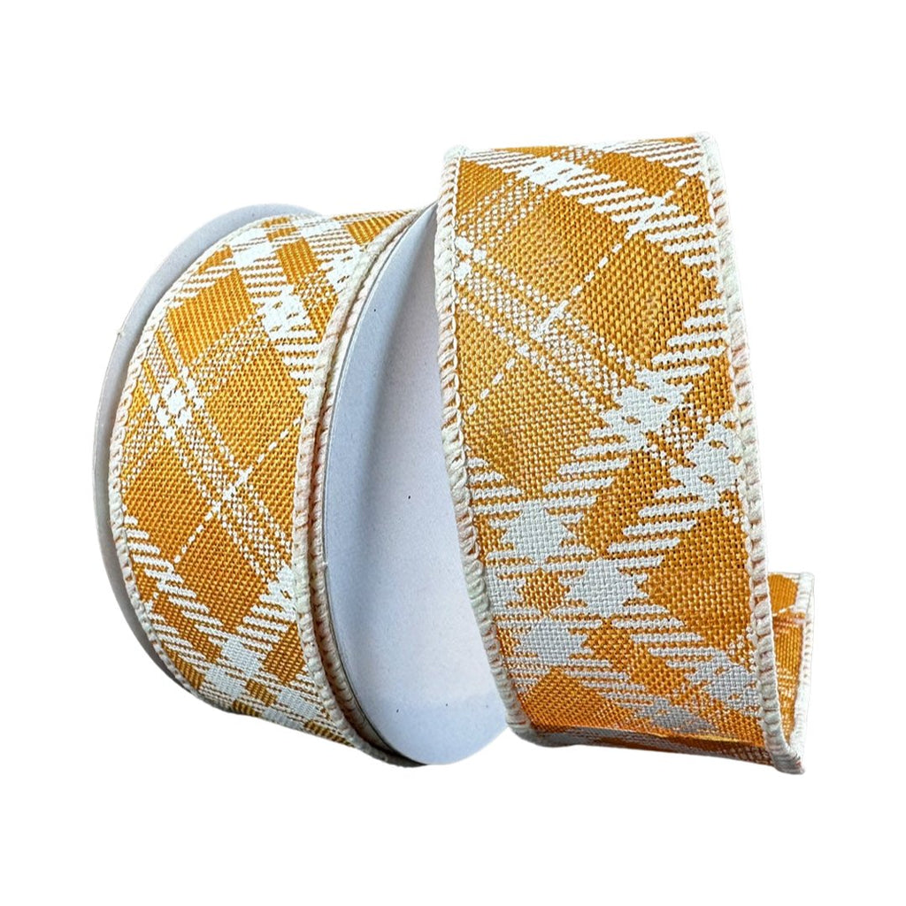 1.5" Diagonal Plaid Ribbon: Sunflower Yellow/White- 10yds - 61316-09-49 - The Wreath Shop