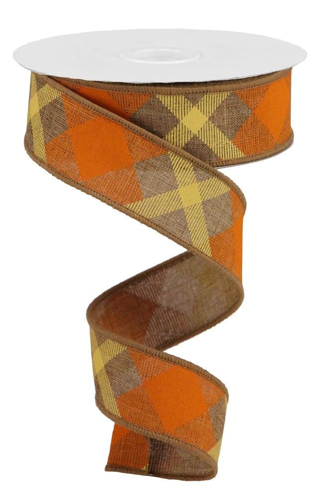 1.5" Diagonal Plaid Ribbon: Tan/Orange/Mustard - 10yds - RG01682RR - The Wreath Shop