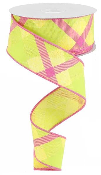 1.5" Diagonal Plaid Ribbon: Yellow/Lime/Hot Pink- 10yds - RG0168229 - The Wreath Shop
