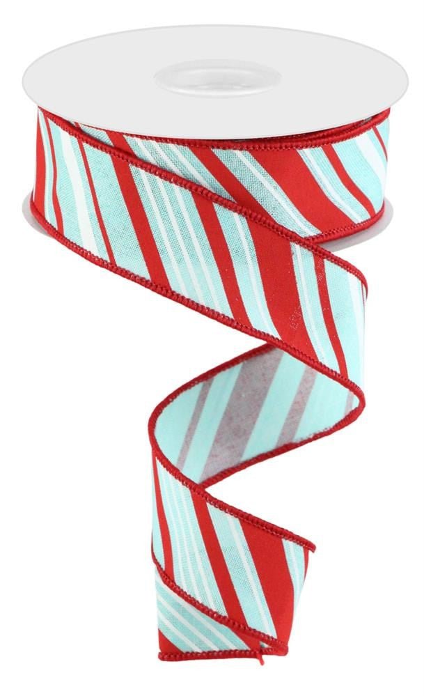 1.5" Diagonal Stripe Linen Ribbon: Ice Blue/Red/White - RGC1584H1 - The Wreath Shop