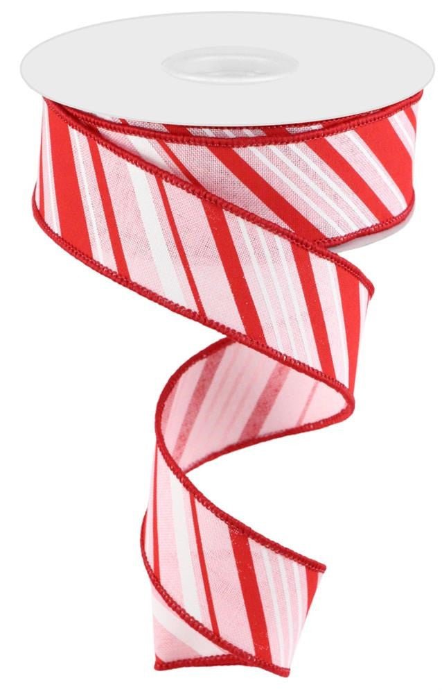 1.5" Diagonal Stripe Linen Ribbon: Pink/Red/White - 10yds - RGC158415 - The Wreath Shop