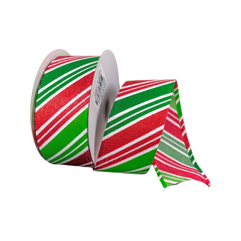 1.5" Diagonal Stripe Ribbon: Emerald/Lime/Red/White - 10yds - 75117-09-17 - The Wreath Shop
