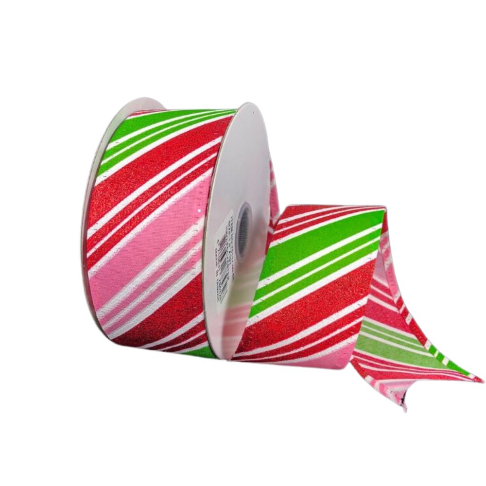 1.5" Diagonal Stripe Ribbon: Pink/Lime/Red/White - 10yds - 75117-09-03 - The Wreath Shop