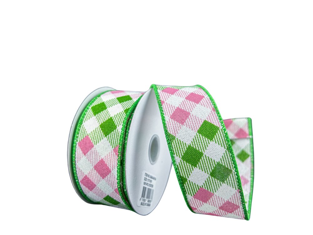 1.5" Diamond Ombre Check Ribbon: Green/Pink/White - 10yds - 42464-09-34 - The Wreath Shop