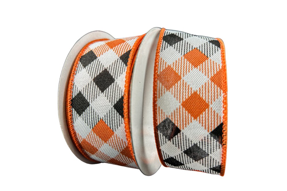 1.5" Diamond Ombre Check Ribbon: Ivory/Orange/Black - 10yds - 51405 - 09 - 31 - The Wreath Shop