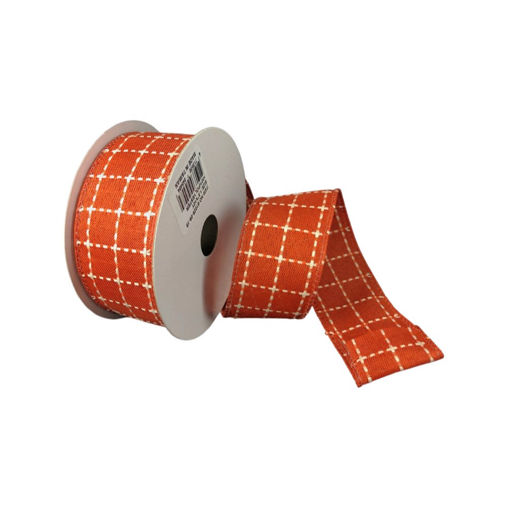 1.5" Dk Orange w/ Cream Stitched Squares Ribbon - 10yds - 61025-09-19 - The Wreath Shop