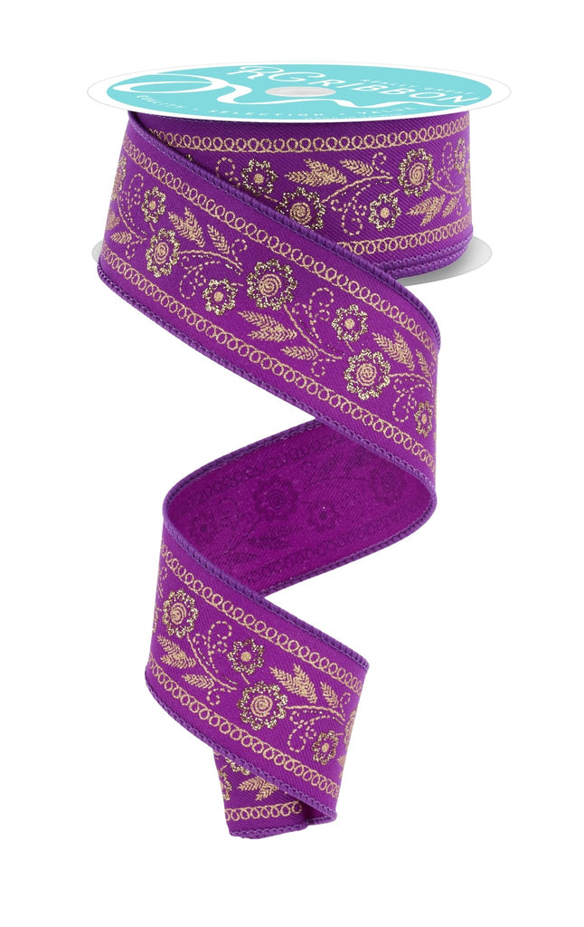 1.5" Embroidered Look Floral Ribbon: Purple/Gold - 10yds - RGF156523 - The Wreath Shop