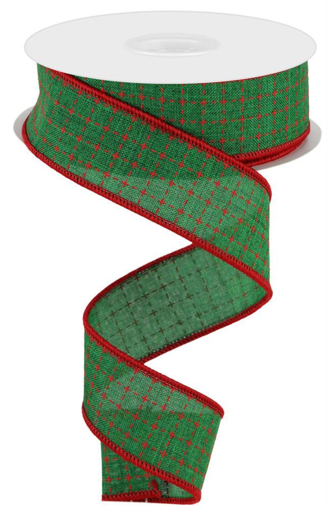 1.5" Emerald/Red Stitched Square Ribbon - 10yds - RG0167758 - The Wreath Shop