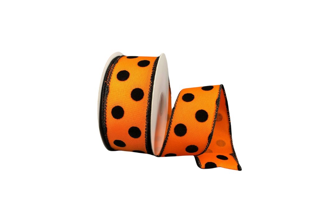 1.5" Flocked Polka Dot Ribbon: Orange/Blk - 10yds - 51203 - 09 - 19 - The Wreath Shop