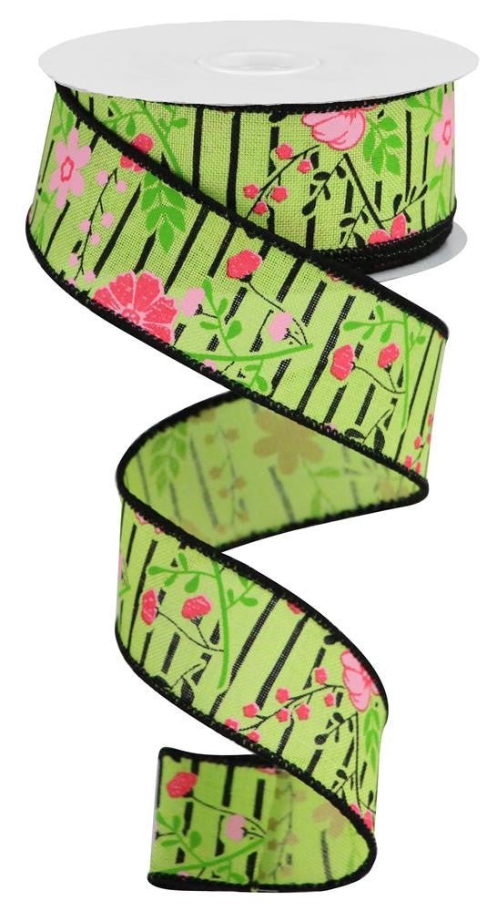 1.5" Floral Lines Ribbon: Green/Pink - 10yds - RGA17551X - The Wreath Shop
