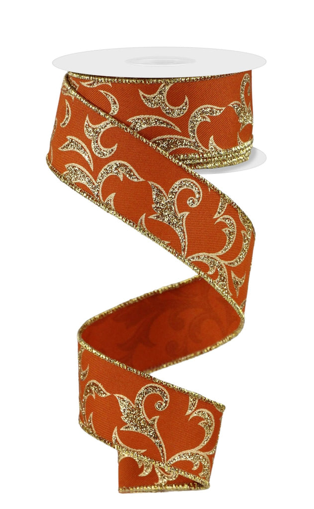 1.5" Glitter Acanthus Leaf Ribbon: Autumn/Gold - RGE18423H - The Wreath Shop