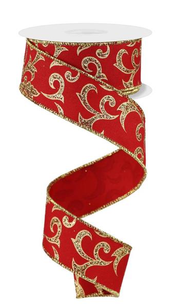 1.5" Glitter Acanthus Leaf Ribbon: Red/Gold - RGE184224 - The Wreath Shop