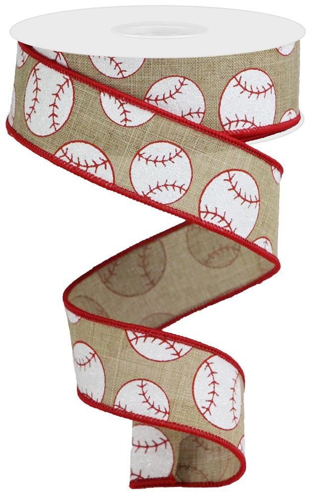 1.5" Glitter Baseball Print Ribbon: Beige - 10yds - RGA117001 - The Wreath Shop