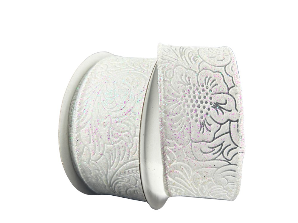 1.5" Glitter Embossed Flower Ribbon: White - 10yds - 72433 - 09 - 01 - The Wreath Shop