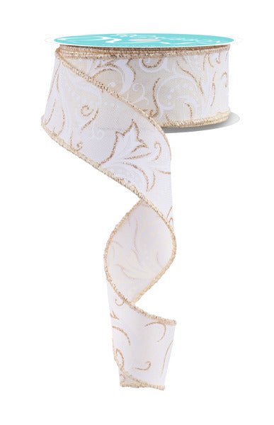 1.5" Glitter Leaf Filigree Ribbon: Ivory/White/Champagne - RGF144630 - The Wreath Shop