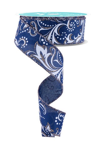 1.5" Glitter Leaf Filigree Ribbon: Navy/White/Champagne - RGF144619 - The Wreath Shop