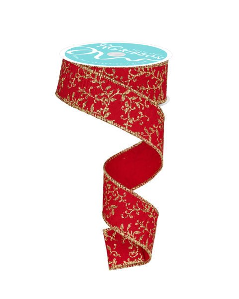 1.5" Glitter Mini Leaf Vines Ribbon: Red/Gold - RGF131236 - The Wreath Shop