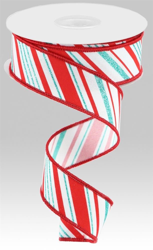 1.5" Glitter Peppermint Stripe Ribbon: Wht/Ice Blue/Red - RGC161027 - The Wreath Shop
