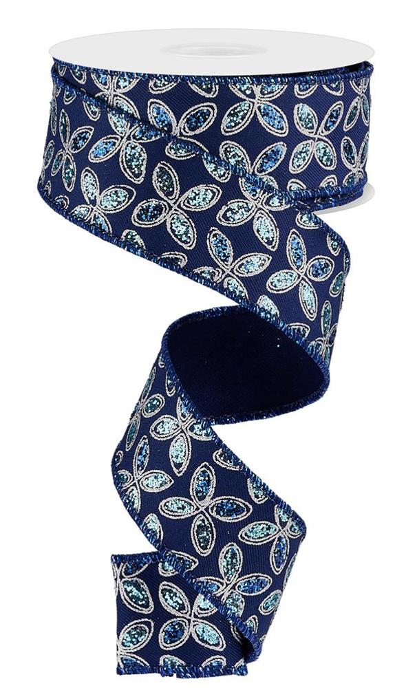 1.5" Glitter Quatrefoil Petal Ribbon: Navy/Blue/Silver - RGE192519 - The Wreath Shop