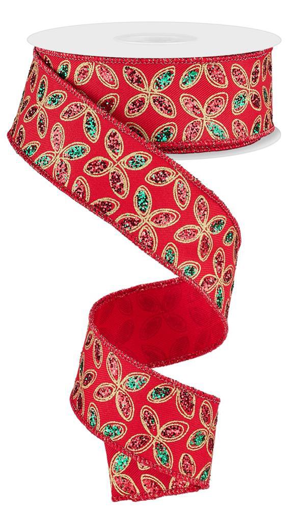 1.5" Glitter Quatrefoil Petal Ribbon: Red/Emerald/Gold - RGE192524 - The Wreath Shop