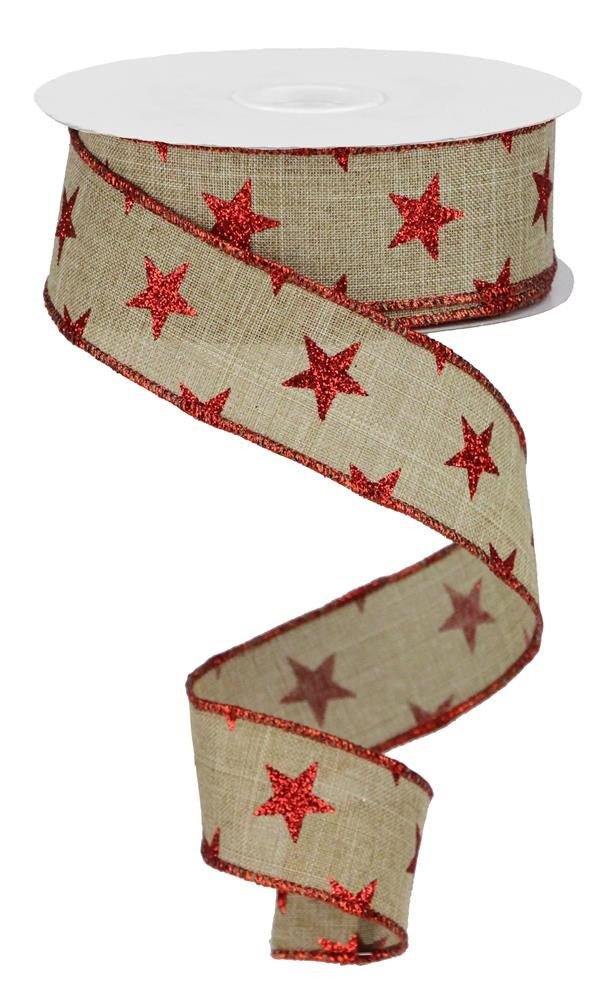 1.5" Glitter Star Ribbon: Beige/Red - 10yds - RGA1109C5 - The Wreath Shop