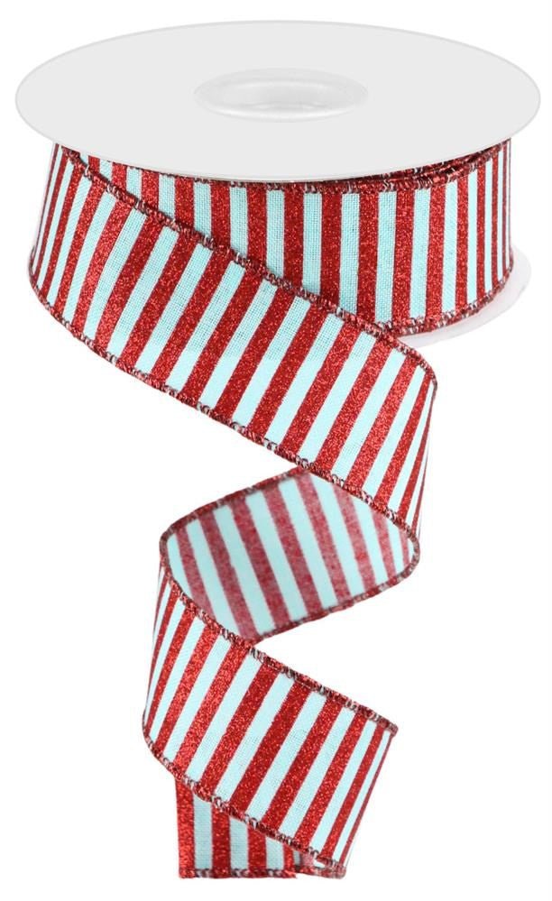 1.5" Glitter Stripe Ribbon: Ice Blue/Red - 10yds - RG01688H1 - The Wreath Shop