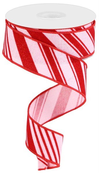 1.5" Glitter Velvet Diag Stripe Ribbon: Lt Pink/Red - RGC181215 - The Wreath Shop