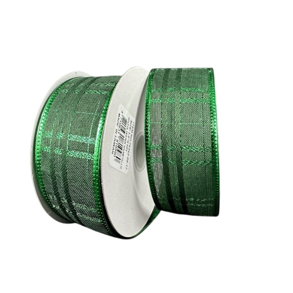 1.5" Green/Green Metallic Plaid Ribbon - 10yds - 76342-09-17 - The Wreath Shop