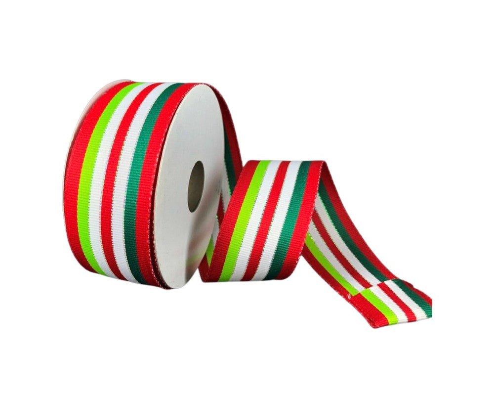 1.5" Green/Red/Lime/White Iridescent Stripe Grosgrain Ribbon - 10yds - 7701909-17 - The Wreath Shop