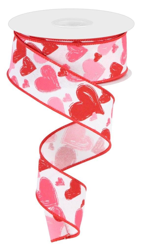 1.5" Hand Drawn Heart Ribbon - Wht/Pink/Red (10yd) - RGC199327 - The Wreath Shop