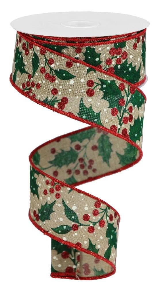 1.5" Holly Leaves/Berry Ribbon: Beige - 10yds - RGB117901 - The Wreath Shop