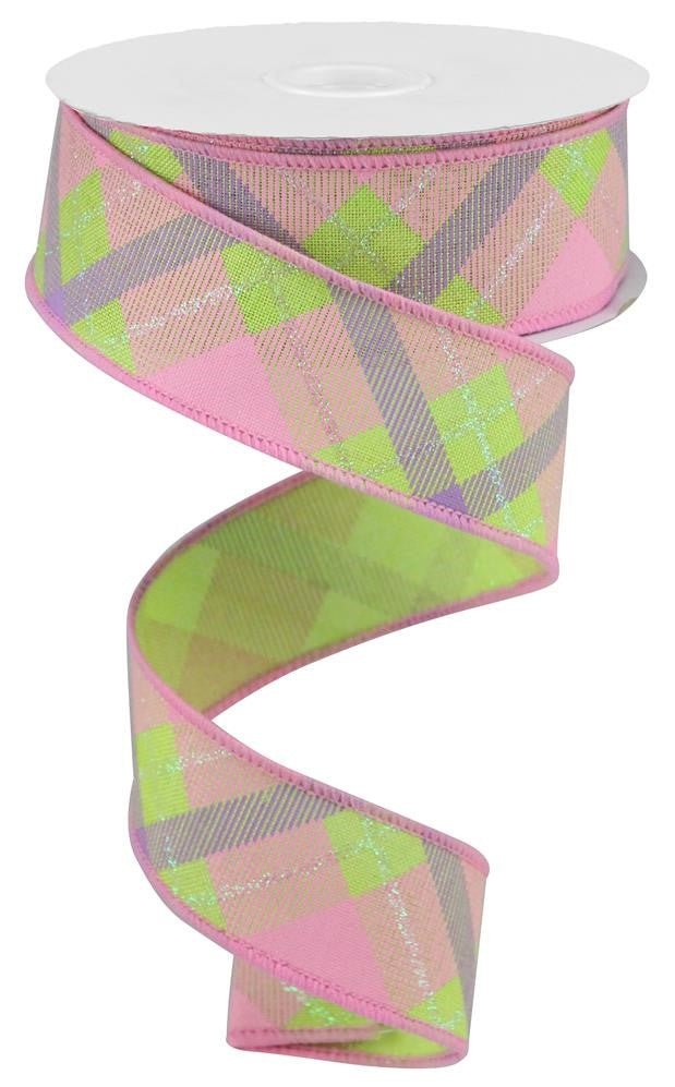1.5" Iridescent Glitter Plaid Ribbon: Bright Green/Pink/Lav - RGA169009 - The Wreath Shop
