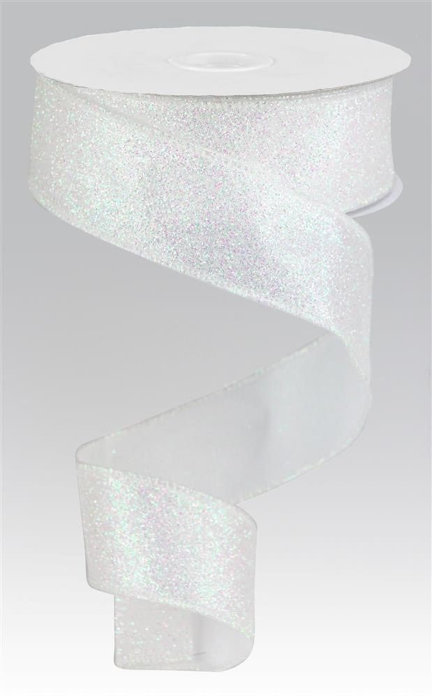 1.5" Iridescent Glitter Satin Ribbon: White - 10yds - RGA181627 - The Wreath Shop