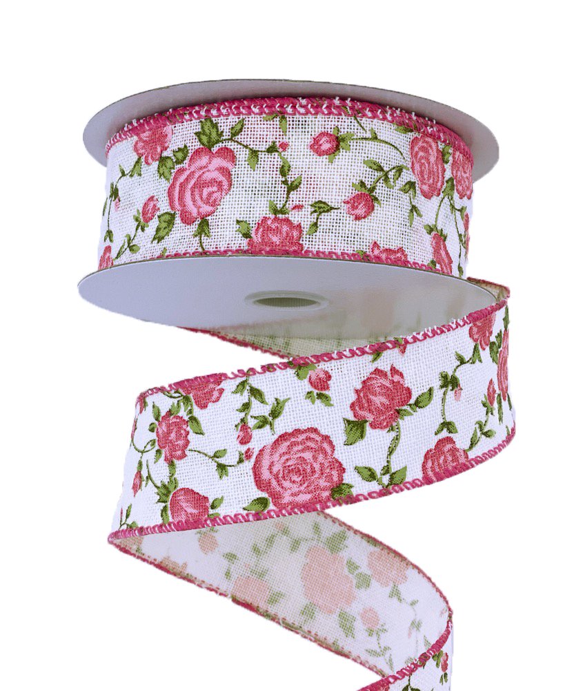 1.5" Ivory Canvas Pink Rose Ribbon - Q918909-18 - The Wreath Shop