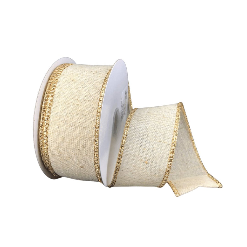 1.5" Ivory Linen Gold Edge Ribbon - 10yds - 71165-09-18 - The Wreath Shop