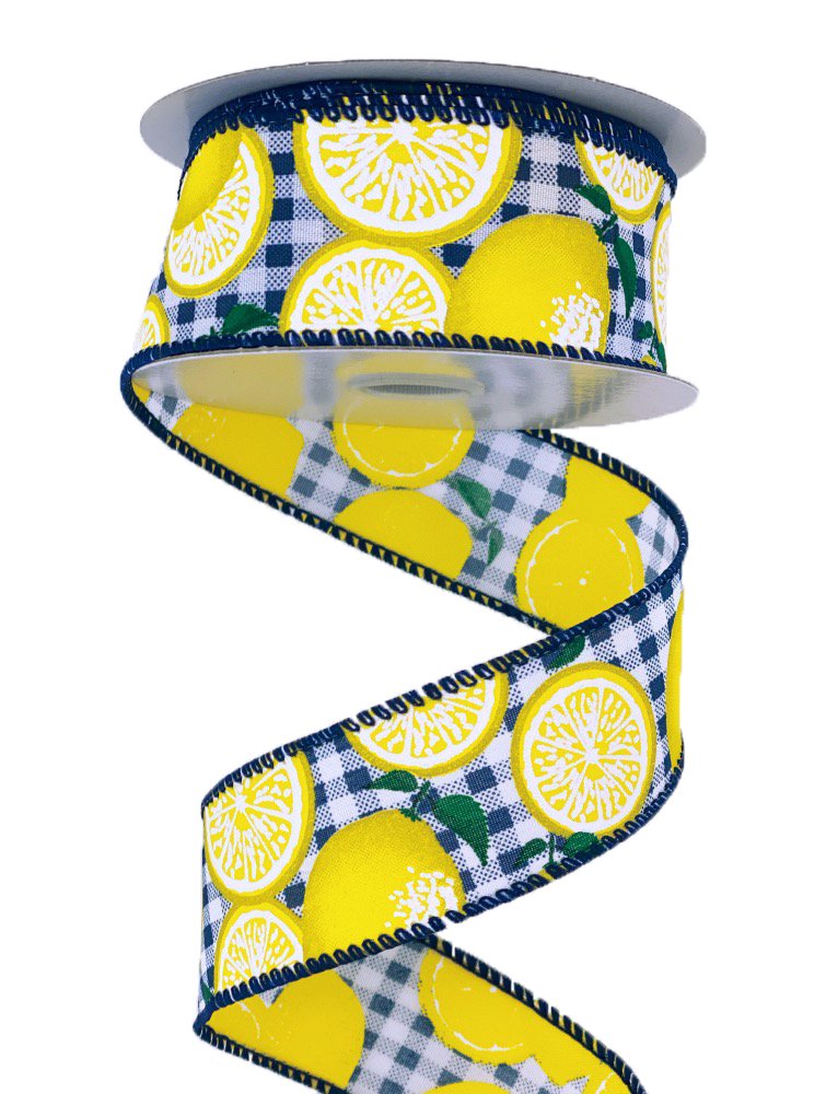 1.5" Lemon on Navy Gingham Ribbon - 10yds - 41120-09-25 - The Wreath Shop