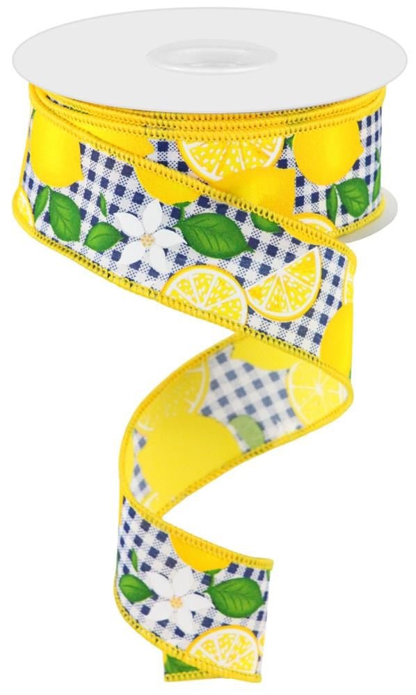 1.5" Lemon w/ Leaves Check Ribbon: Navy/Wht - 10yds - RGC1662E7 - The Wreath Shop