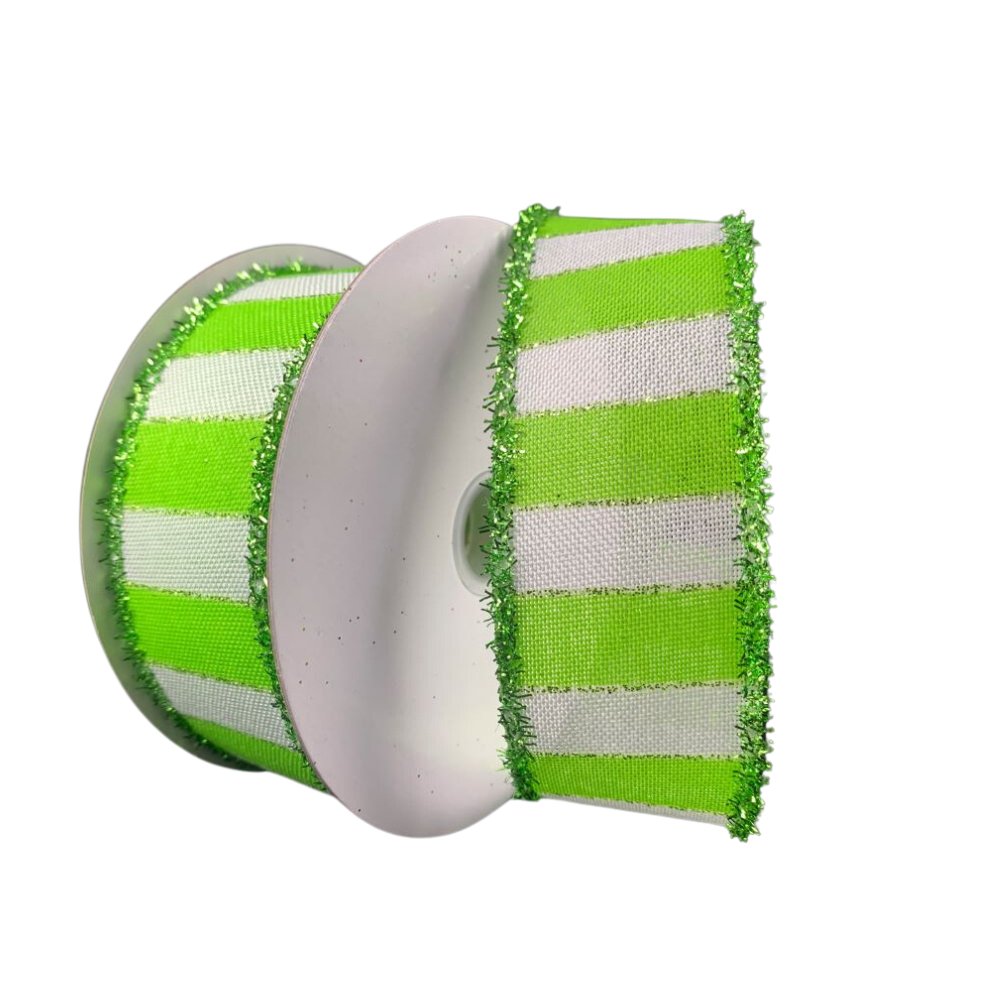 1.5" Lime Green/White Stripe with Green Tinsel Edge Ribbon - 10yds - 71394-09-09 - The Wreath Shop
