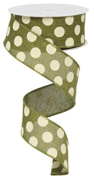1.5" Linen Polka Dot Ribbon: Moss Green/Ivory - RX9145TW - The Wreath Shop