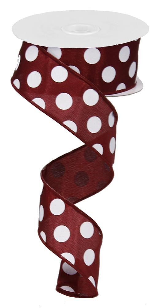 1.5" Maroon and White Polka Dot Satin Ribbon Wired - 10Yds - RG01203CX - The Wreath Shop