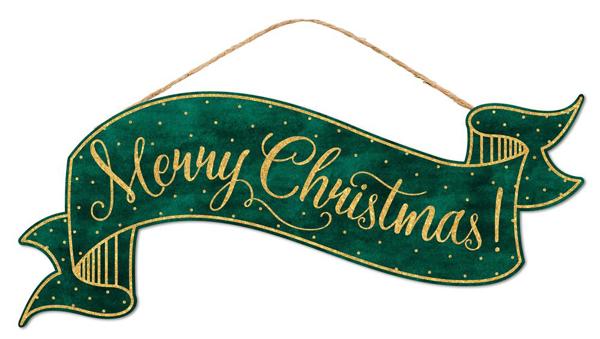15" Merry Christmas Banner Sign: Green/Gold - AP7860 - The Wreath Shop
