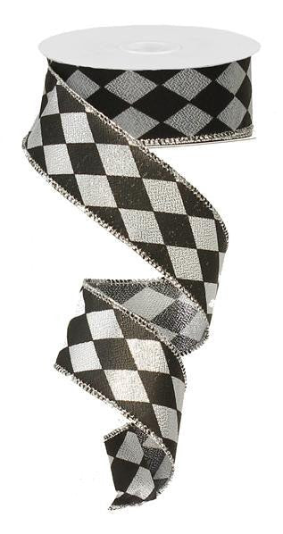 1.5" Metallic Harlequin Ribbon: Silver/Black - 10yds - RG01470X3 - The Wreath Shop