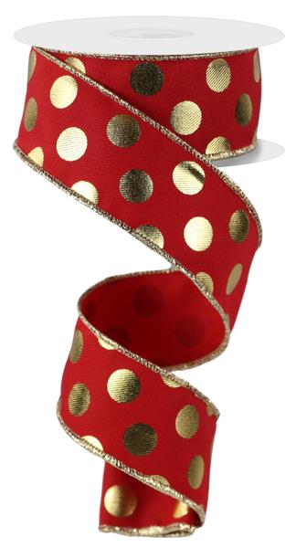 1.5" Metallic Polka Dot Ribbon: Red/Gold- 10yds - RGE166136 - The Wreath Shop