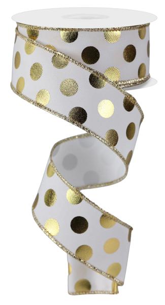 1.5" Metallic Polka Dot Ribbon: White/Gold- 10yds - RGE1661K3 - The Wreath Shop