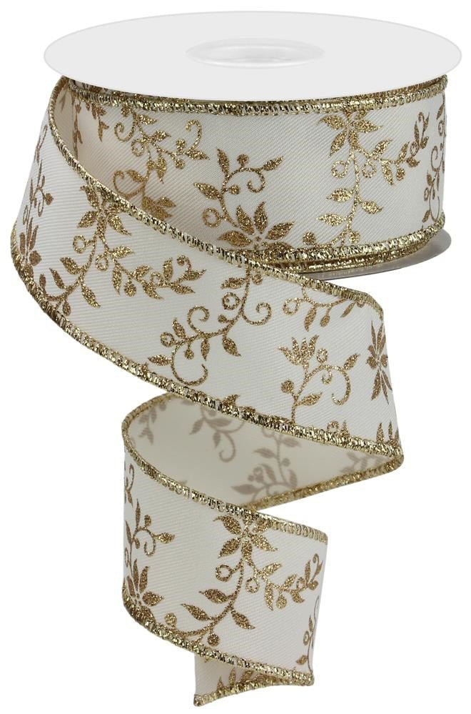 1.5" Mini Poinsettia Swirl Ribbon: Ivory/Gold - 10yds - RGE110130 - The Wreath Shop